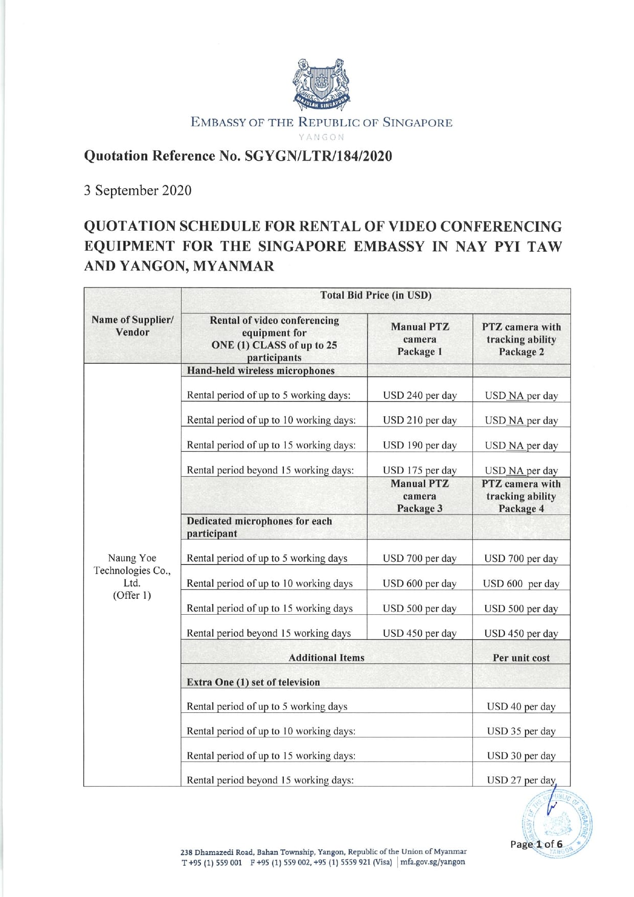 Singapore Embassy quotation schedule showing rental costs for video conferencing equipment.